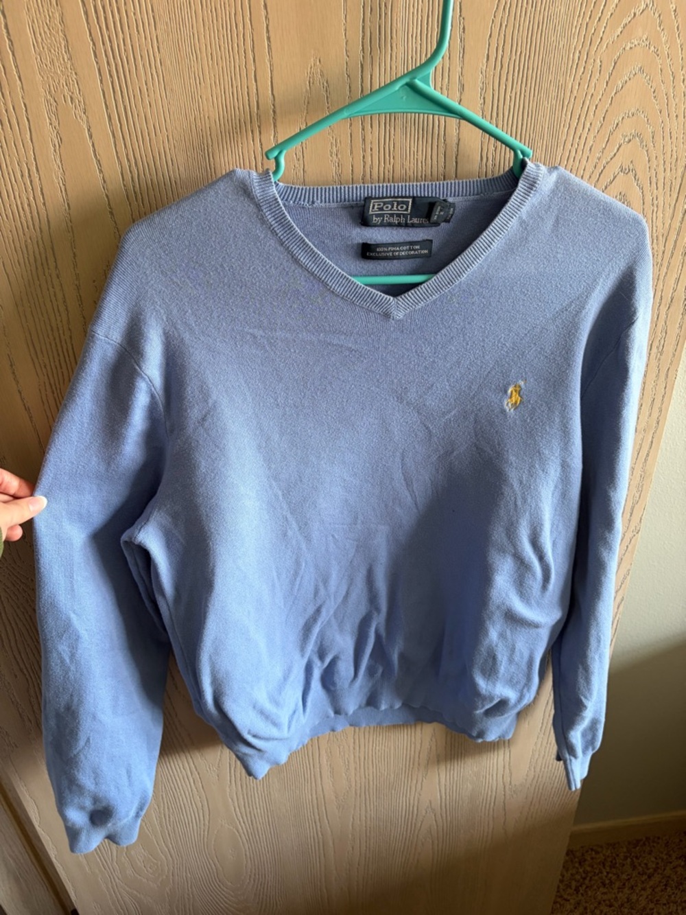 Polo by Ralph Lauren Men’s Pale Blue V-Neck Sweater with Yellow Pony